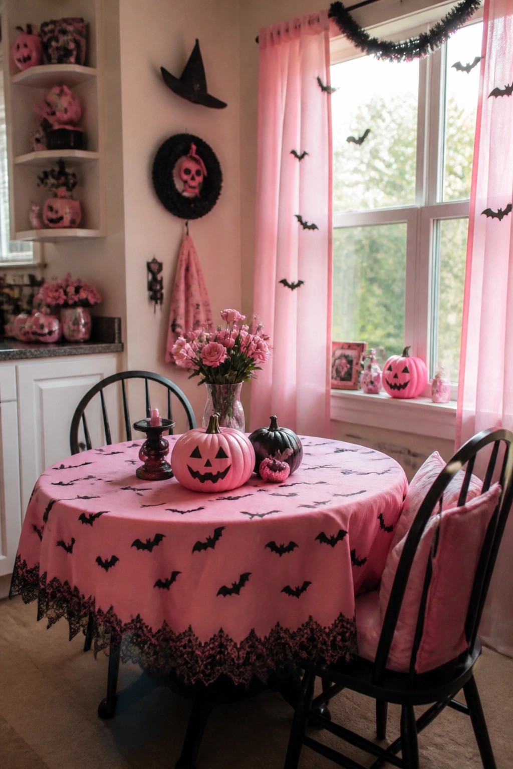 A round dining table covered with a pink tablecloth printed with black bats, styled with pink pumpkins and flowers in a pink Halloween decorated room.