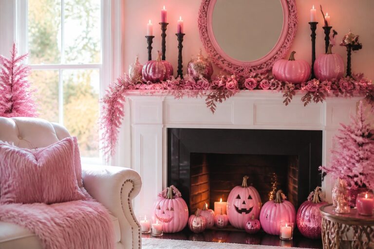 White fireplace with pink glitter pumpkins, black bat garland, and lit candles.