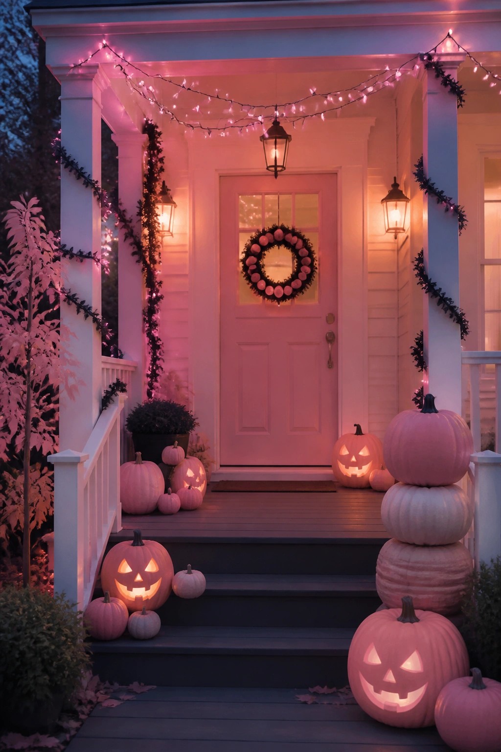 Front porch with glowing pink and white jack-o'-lanterns arranged on the steps and around a pink door.
