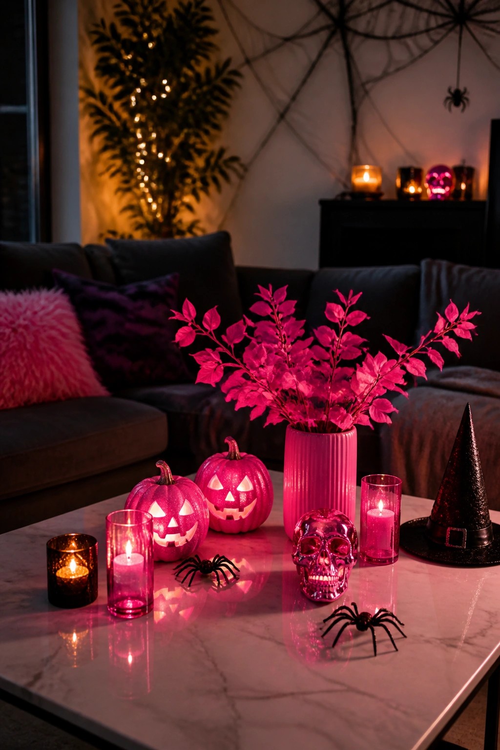 Pink pumpkins, skull, candles, spiders, witch hat on marble Halloween table