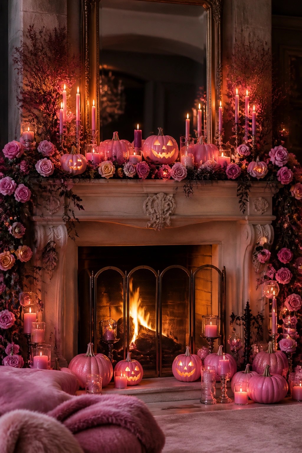 Fireplace mantel lined with pink glitter pumpkins, several carved as jack o lanterns, surrounded by pink roses and lit candles.