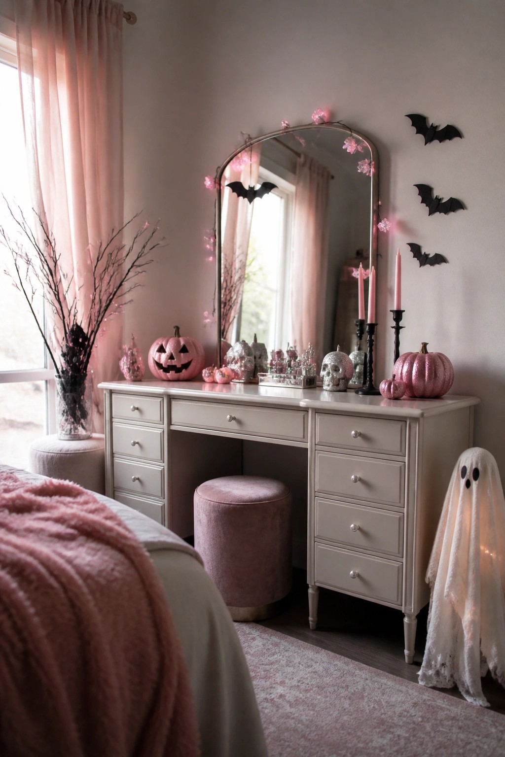 Bedroom vanity with an arched mirror surrounded by black bat decorations, pink pumpkins, skulls, and a white ghost figure on the floor.