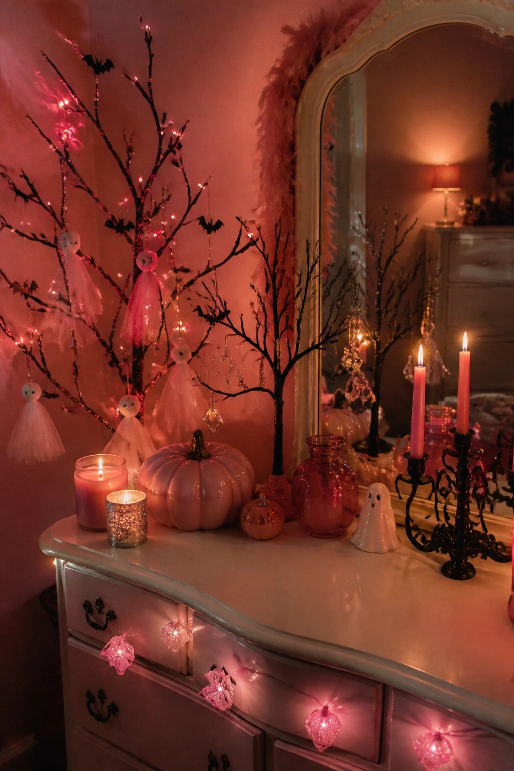 Pink dresser with black branches holding hanging white ghosts and bats, accented by pink pumpkins and lit candles.