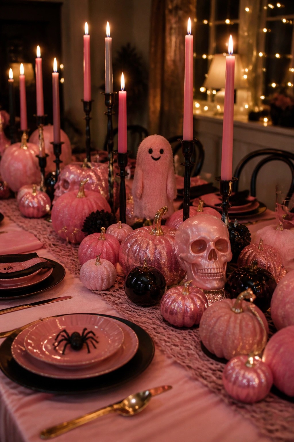 Pink Halloween tablescape with glitter pumpkins, skulls, lit candles, and fuzzy ghost.