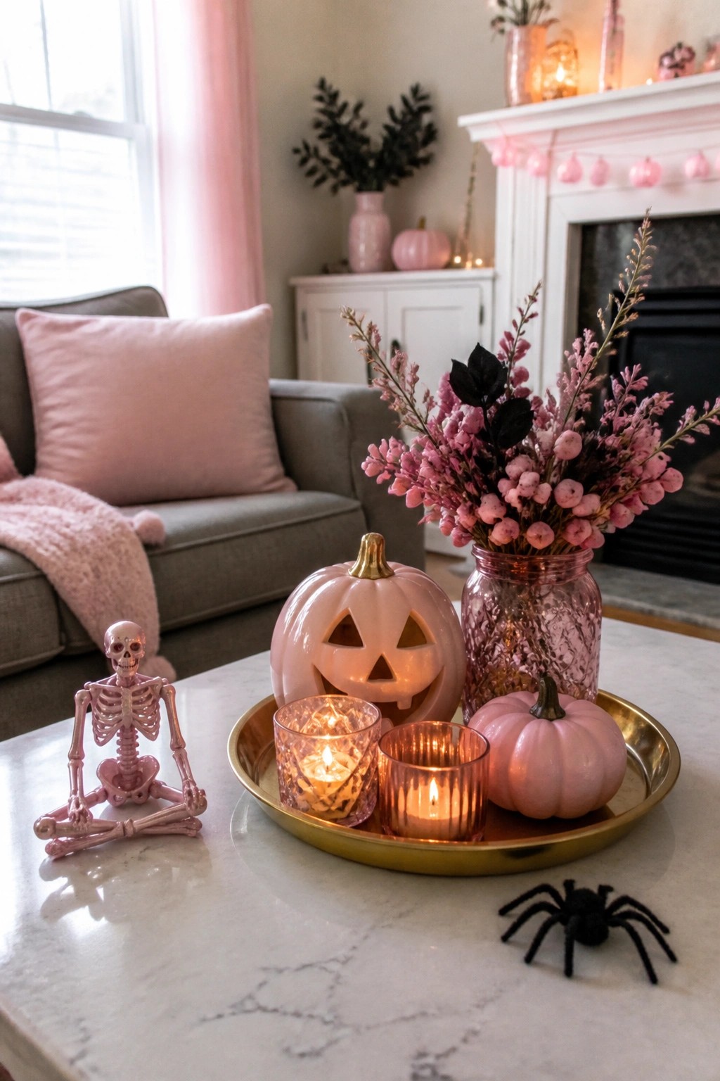 Marble coffee table with a gold tray holding a lit pink jack o' lantern, two candles, and a small pink pumpkin, next to a pink skeleton figure and a black spider.
