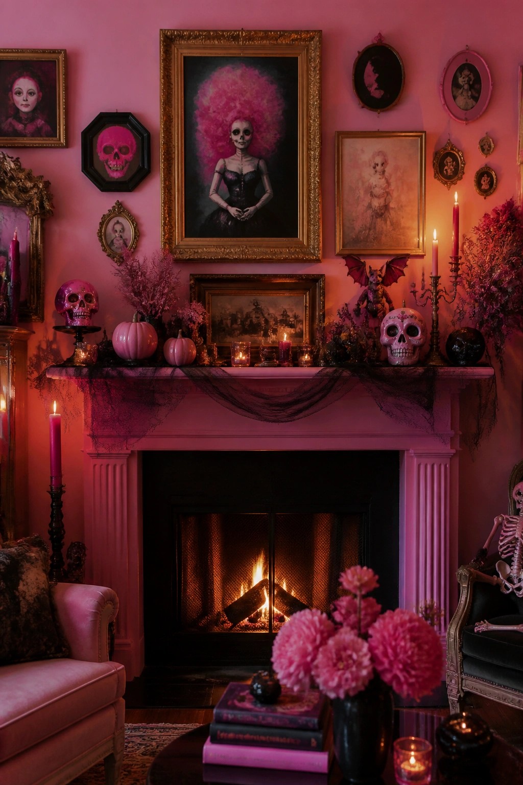 Pink fireplace mantel decorated with pink skulls, a small winged skeleton figure, candles, and a large framed portrait of a skeleton with bright pink hair above the fireplace.