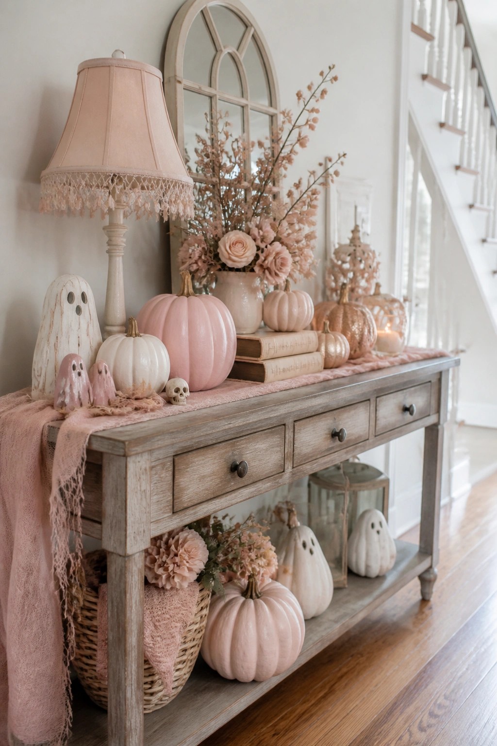Wooden console table styled for Halloween with pink and white pumpkins, ghost figurines, and soft pink accents in an entryway.