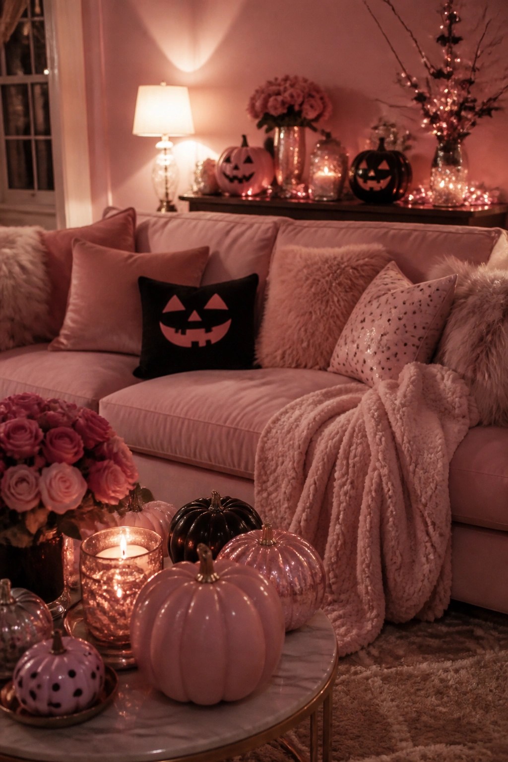 Pink velvet sofa with jack-o'-lantern pillow, fluffy blanket, and glowing pink pumpkins.