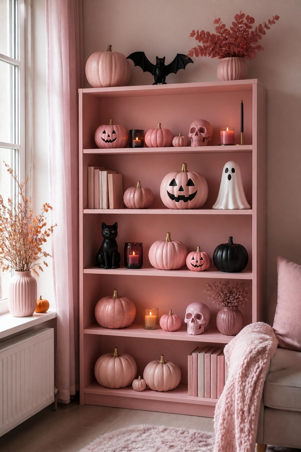 Pink bookshelf decorated with pink pumpkins, skulls, a white ghost, black cats, and candles.