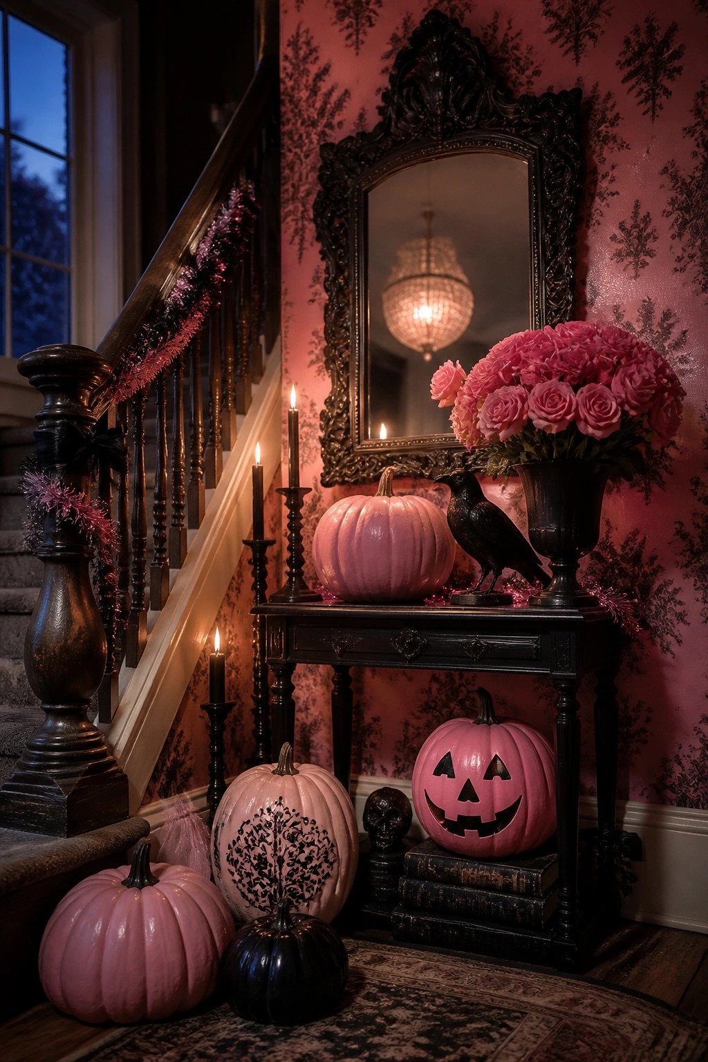 Entryway console table styled with pink pumpkins, a black crow, black candles, and a carved jack o lantern against pink wallpaper.