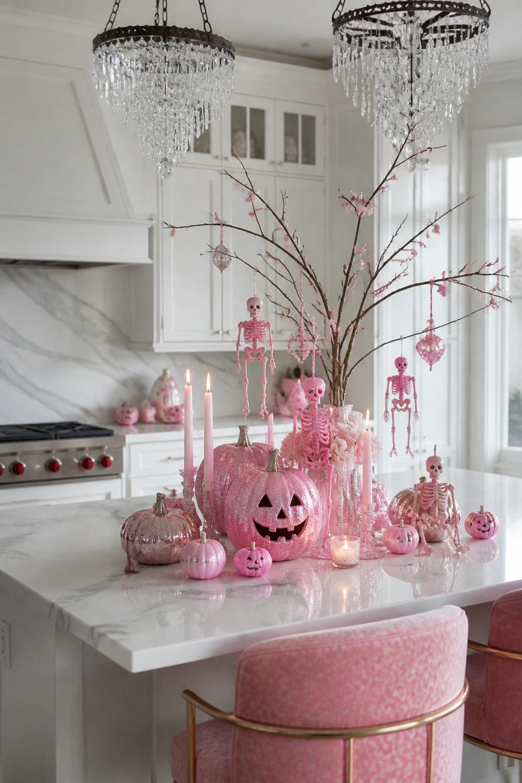 Kitchen island topped with pink glitter pumpkins, pink plastic skeletons, pink candles, and a tall branch hung with small ornaments.
