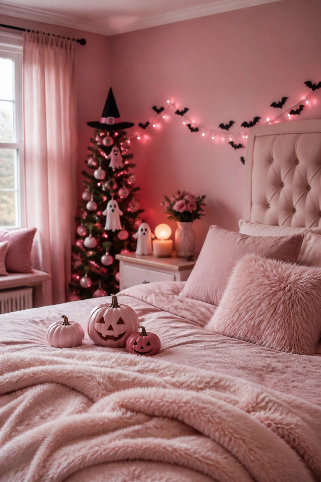 Bedroom corner with a Christmas tree decorated in pink string lights, ghost ornaments, a witch hat, and pink pumpkins on the bed.
