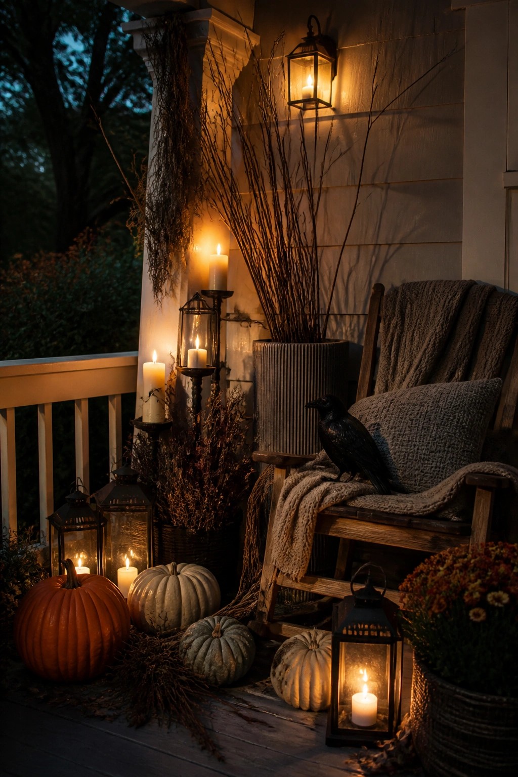 Autumn porch with pumpkins, lit candles, lanterns, and black crow on rocking chair.