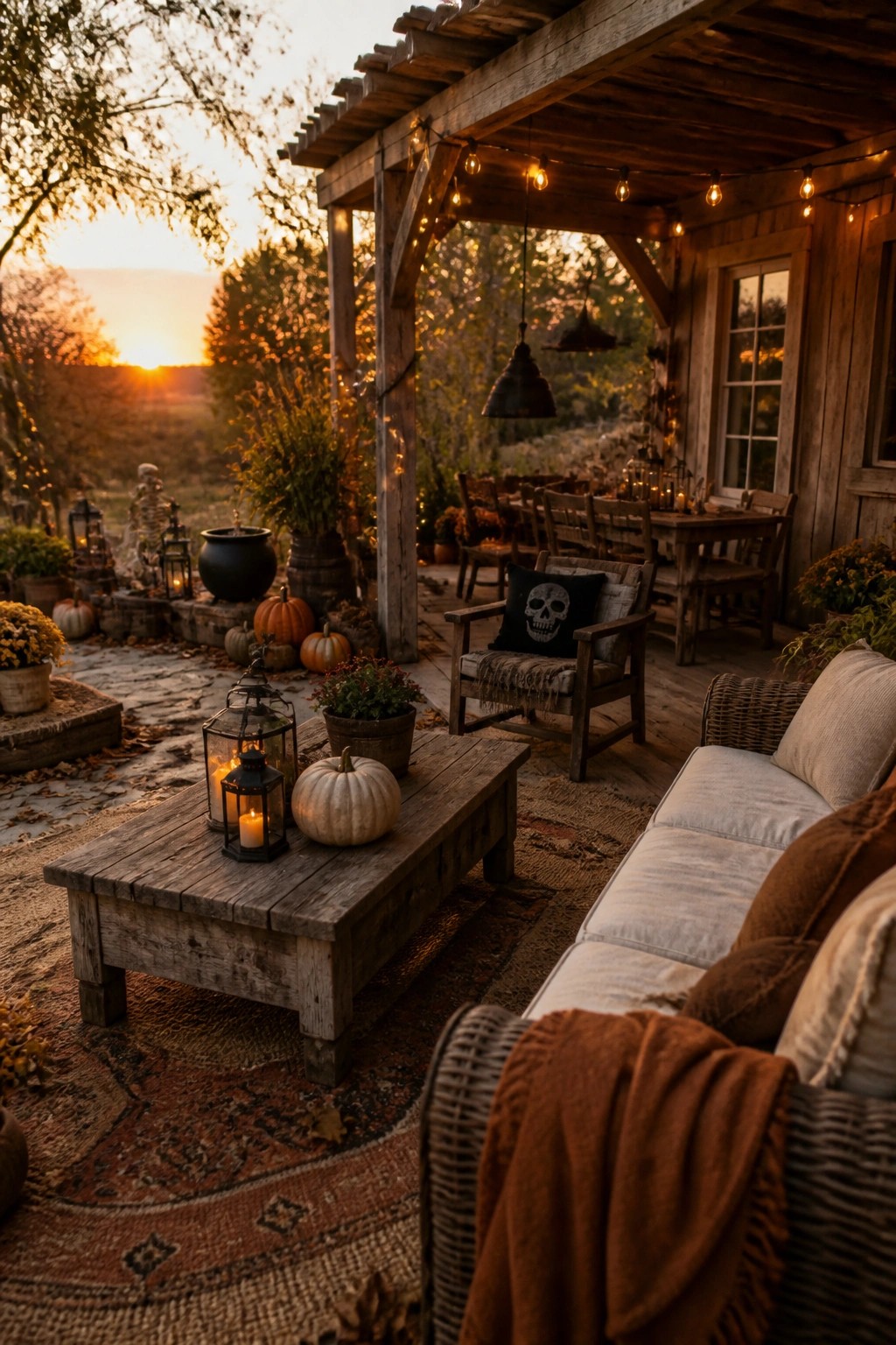 Rustic wooden porch with a standing skeleton figure near pumpkins and plants, a skull pillow on a wooden chair, and string lights overhead.