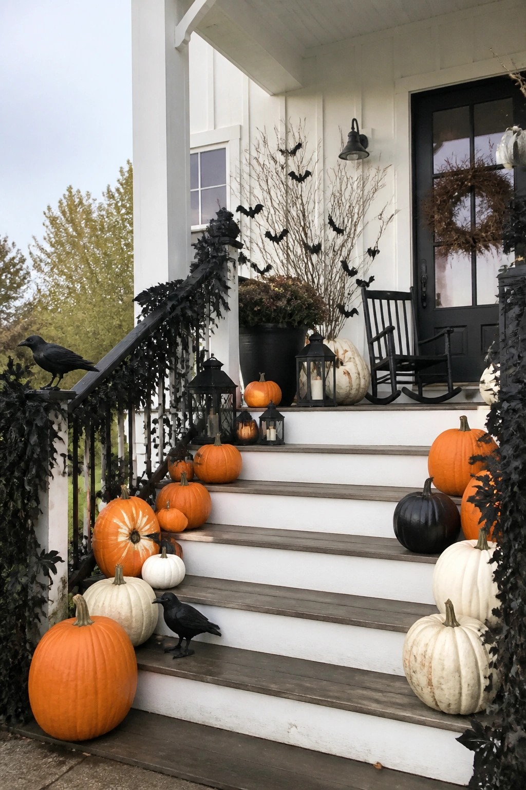 Front porch stairs lined with orange and white pumpkins, black crows, black bats on branches, and black lanterns beside a dark front door.
