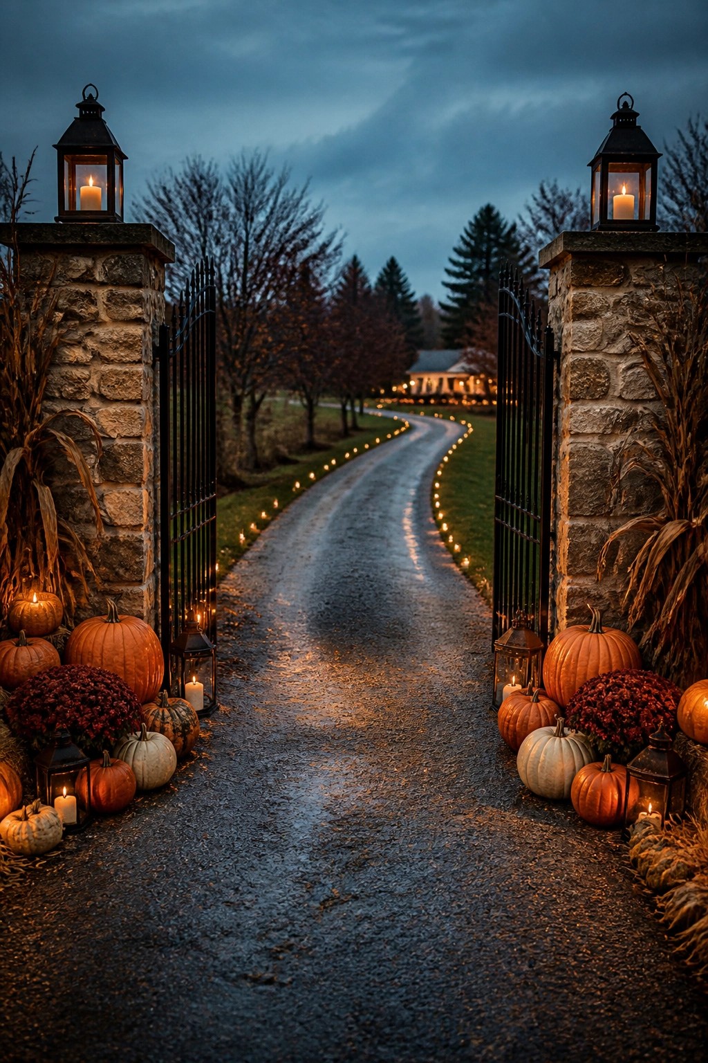 Stone gate posts at a rural entrance lined with pumpkins, lanterns, and string lights along a winding driveway at dusk.
