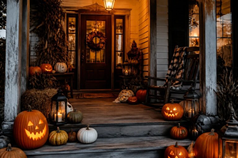 Wooden front porch steps lined with orange, white, and green pumpkins plus several lit black lanterns and potted mums.