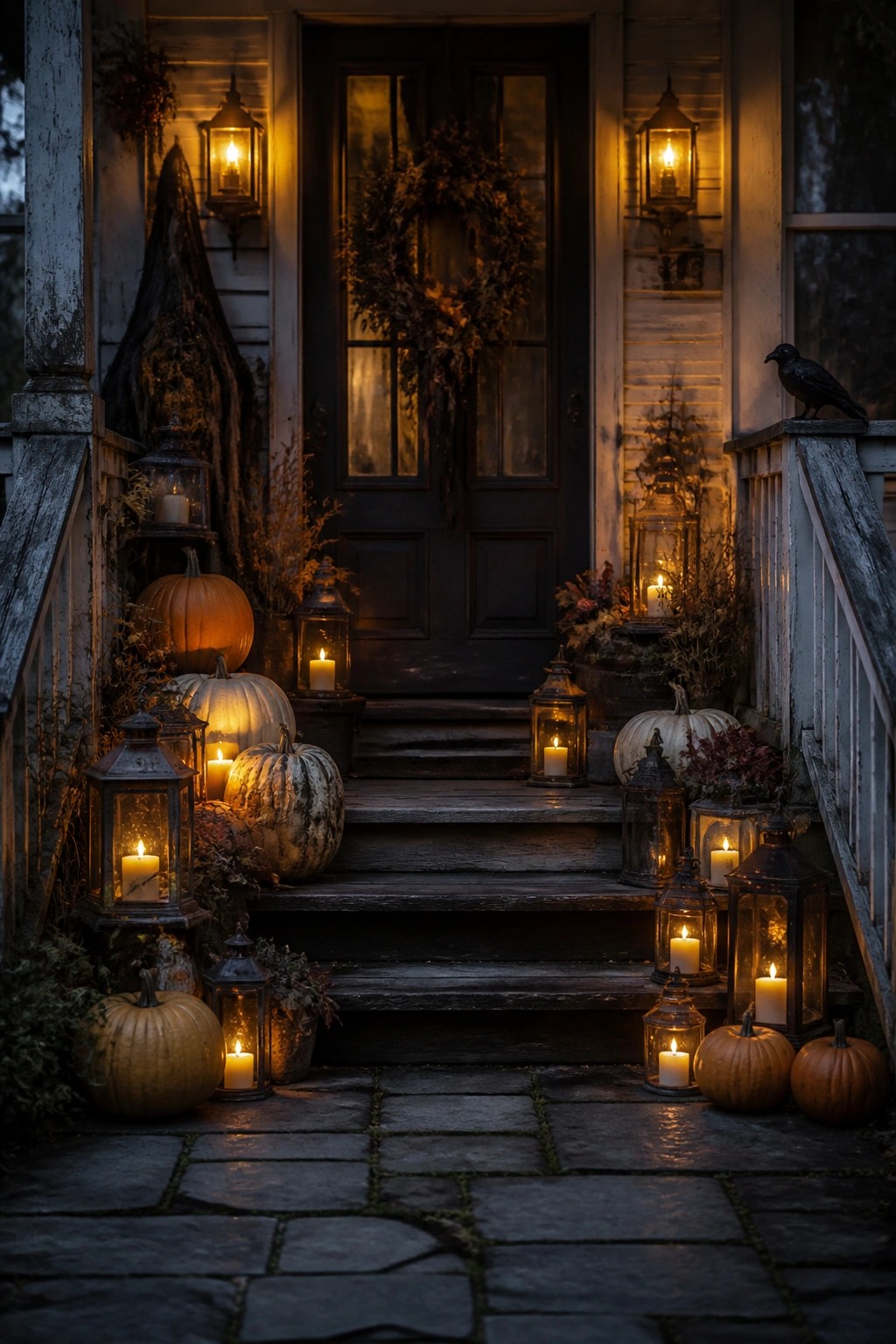 Spooky Halloween porch lit by lanterns, pumpkins, wreath, and perched crow at night.