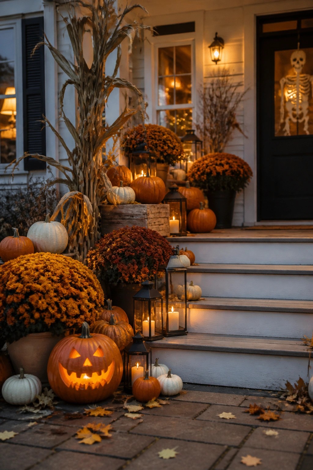 Jack-o'-lanterns, chrysanthemums, corn stalks and lit lanterns decorate house porch at dusk