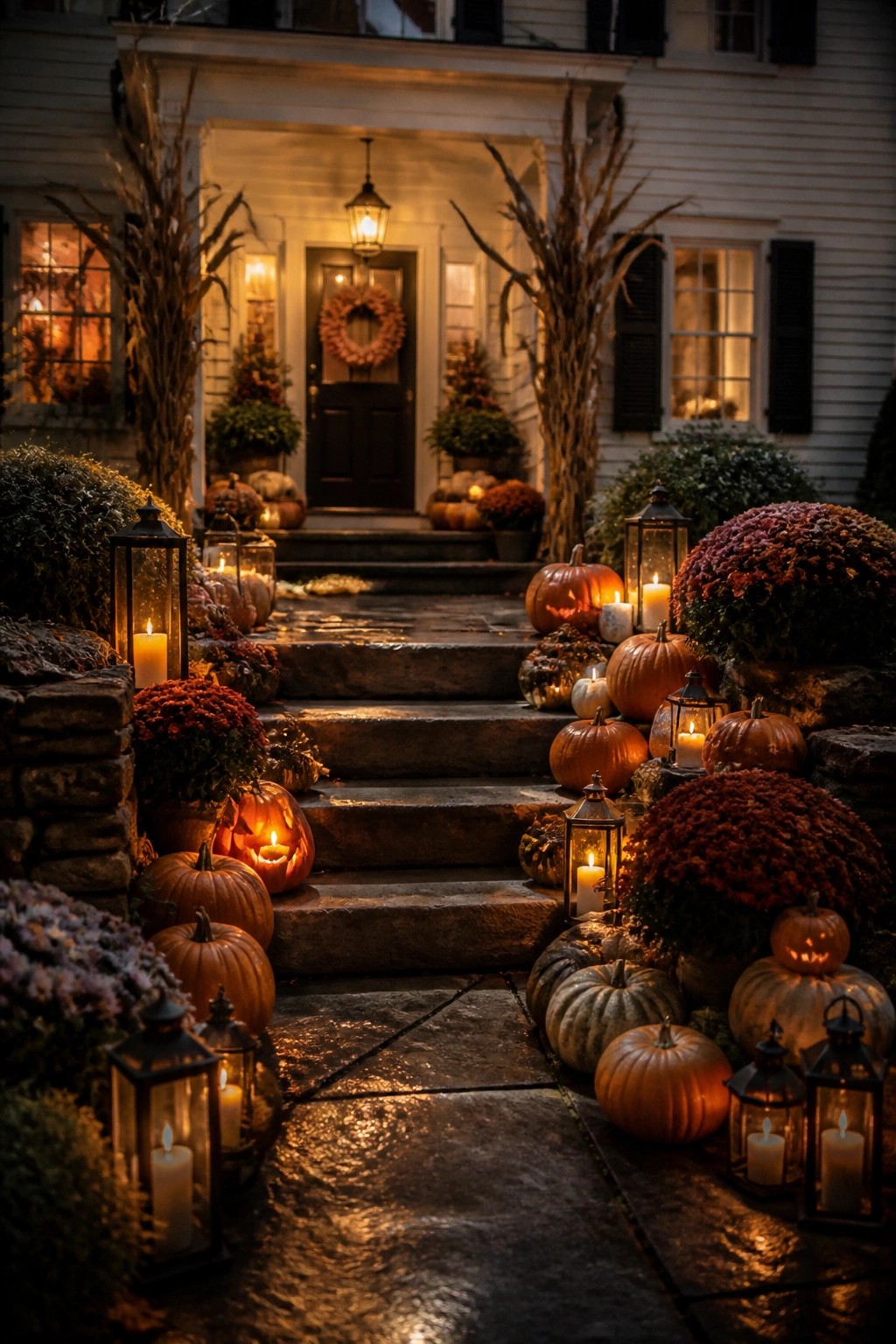 Stone steps to a white house lined with carved jack-o'-lanterns, whole pumpkins, and lit lanterns for a rustic farmhouse Halloween display.