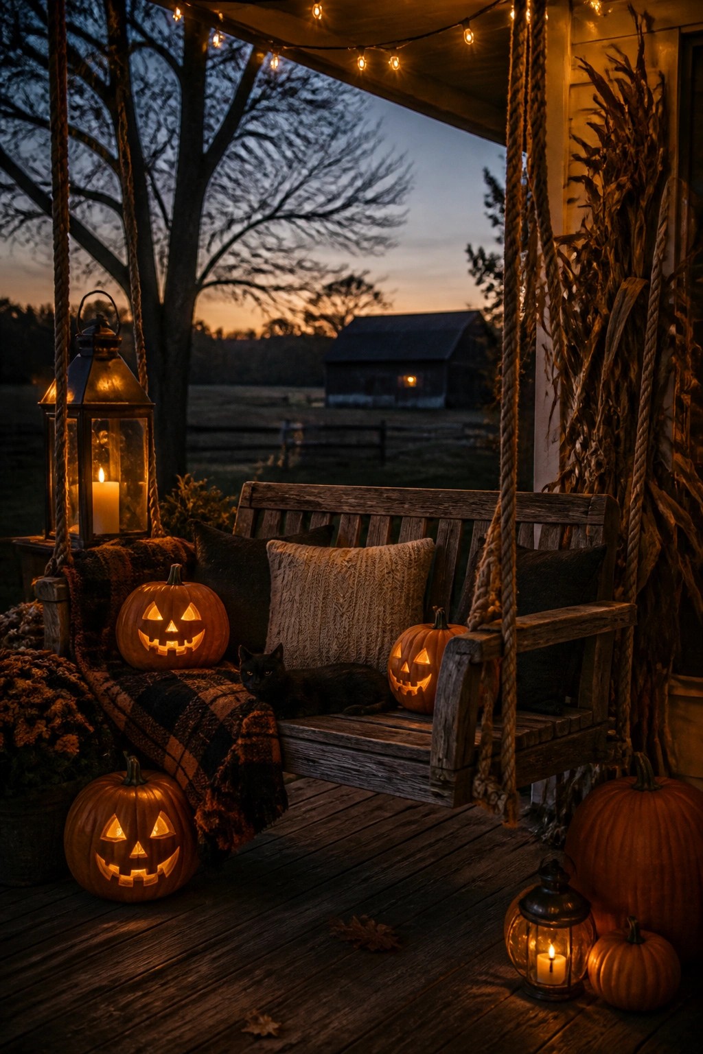 Wooden porch swing on a farmhouse deck holding carved jack o lanterns with a black cat resting on a plaid blanket and lanterns nearby at dusk.