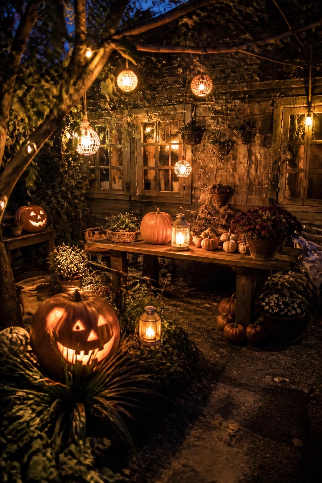 Rustic outdoor table at night decorated with carved jack o lanterns, small pumpkins, and glowing lanterns under hanging lights.