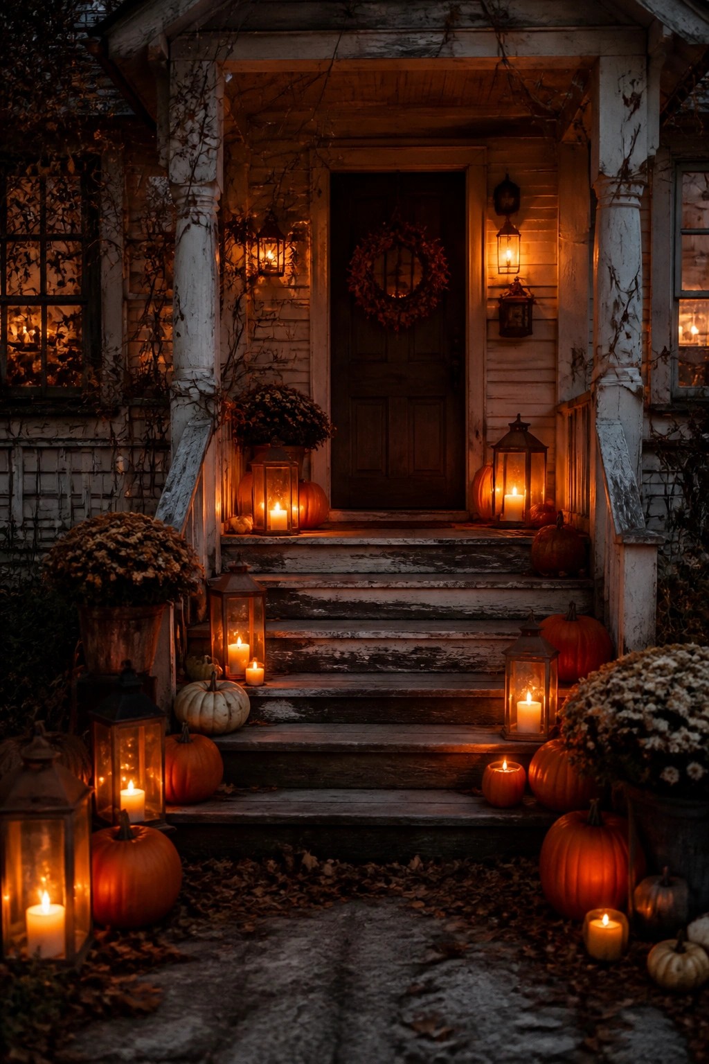 Rustic wooden porch decorated with glowing lanterns, pumpkins, and autumn flowers at night