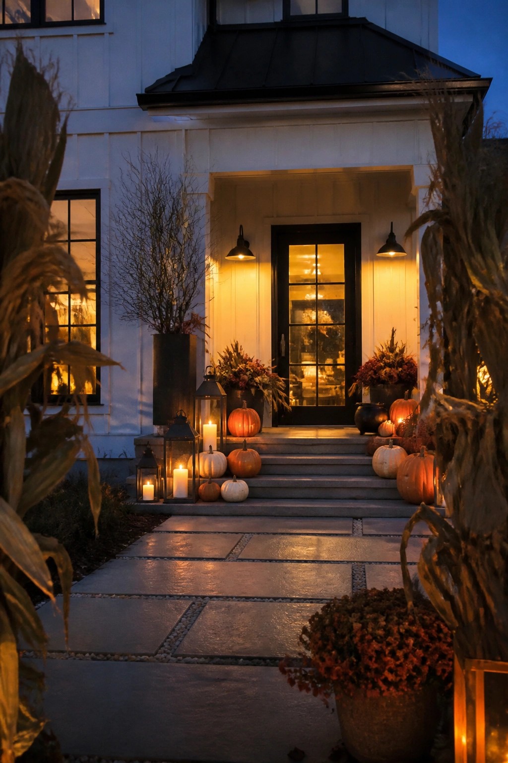 Farmhouse front porch with orange and white pumpkins arranged on the steps alongside glowing lanterns and potted fall plants.