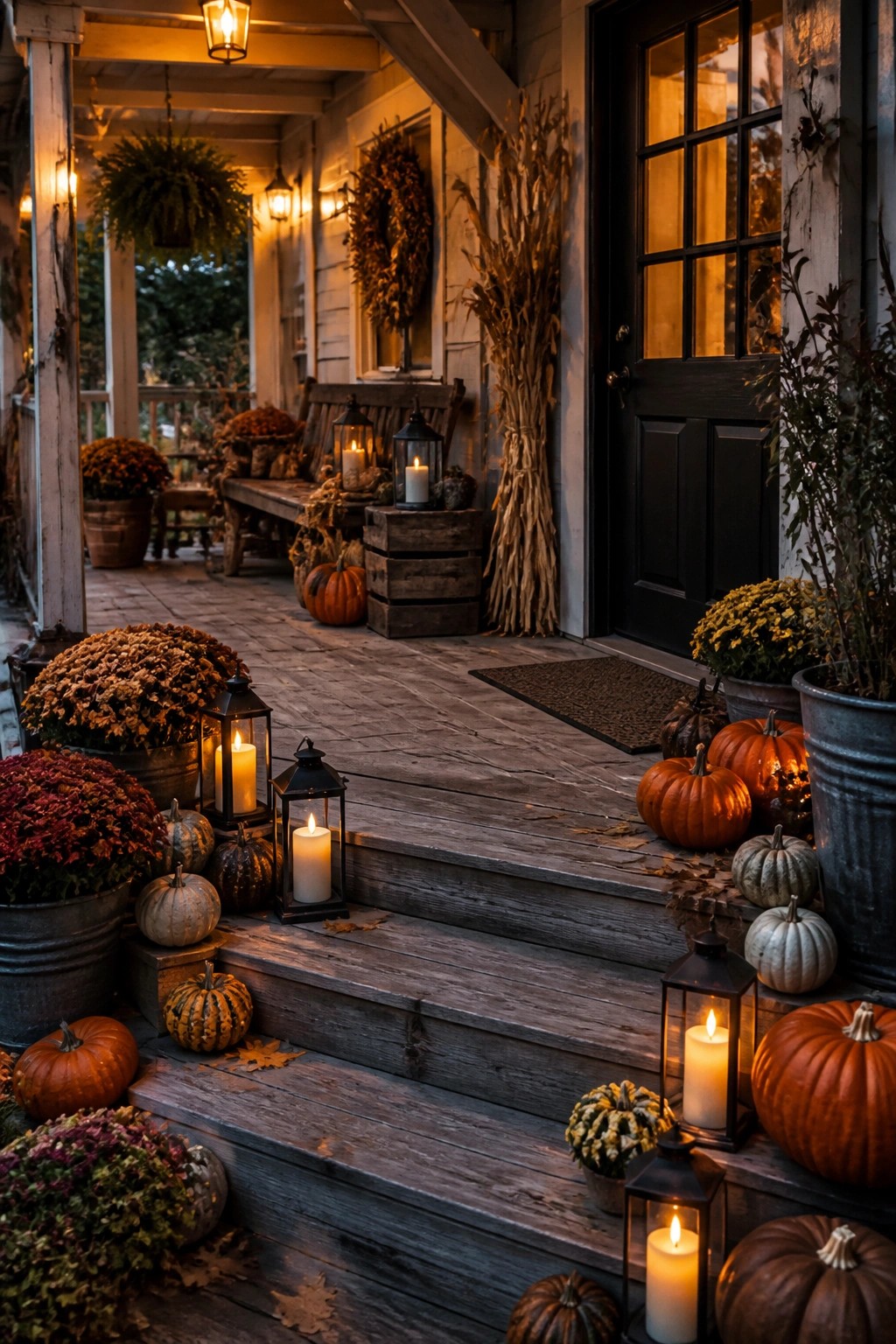 Wooden front porch steps lined with orange, white, and green pumpkins plus several lit black lanterns and potted mums.
