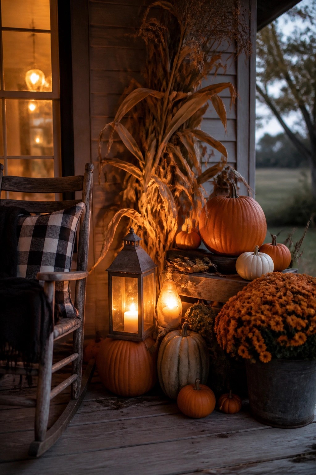 Rustic front porch with a cluster of orange, white, and striped pumpkins arranged around a lit metal lantern beside a wooden rocking chair and dried corn stalks.