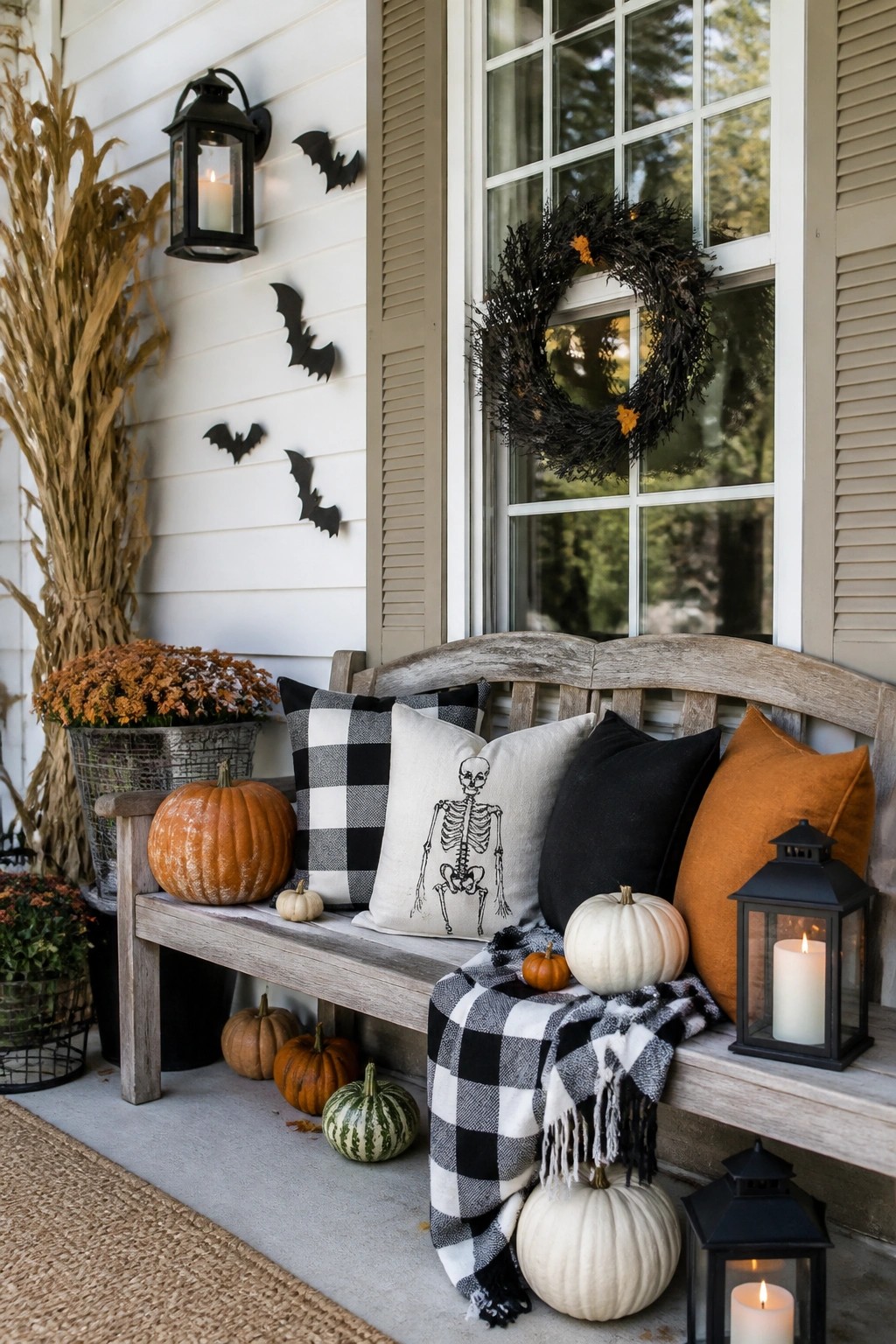 Rustic wooden porch bench styled with a skeleton pillow, black and white plaid blanket, pumpkins, and lanterns, with black bat cutouts on the white siding wall beside a dark wreath on the window.
