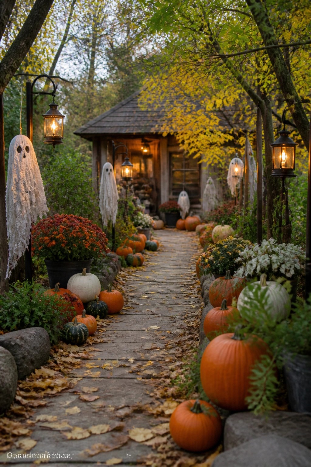 Stone walkway lined with white fabric ghosts hanging from posts, surrounded by pumpkins and lit lanterns leading to a small cabin.