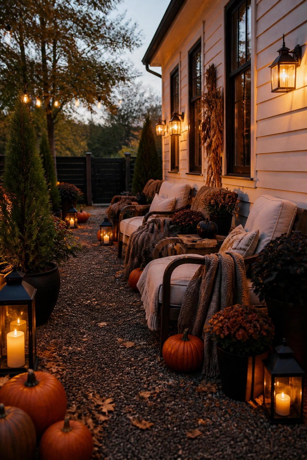 Outdoor farmhouse porch with pumpkins and lit lanterns arranged along a gravel walkway next to cushioned seating.