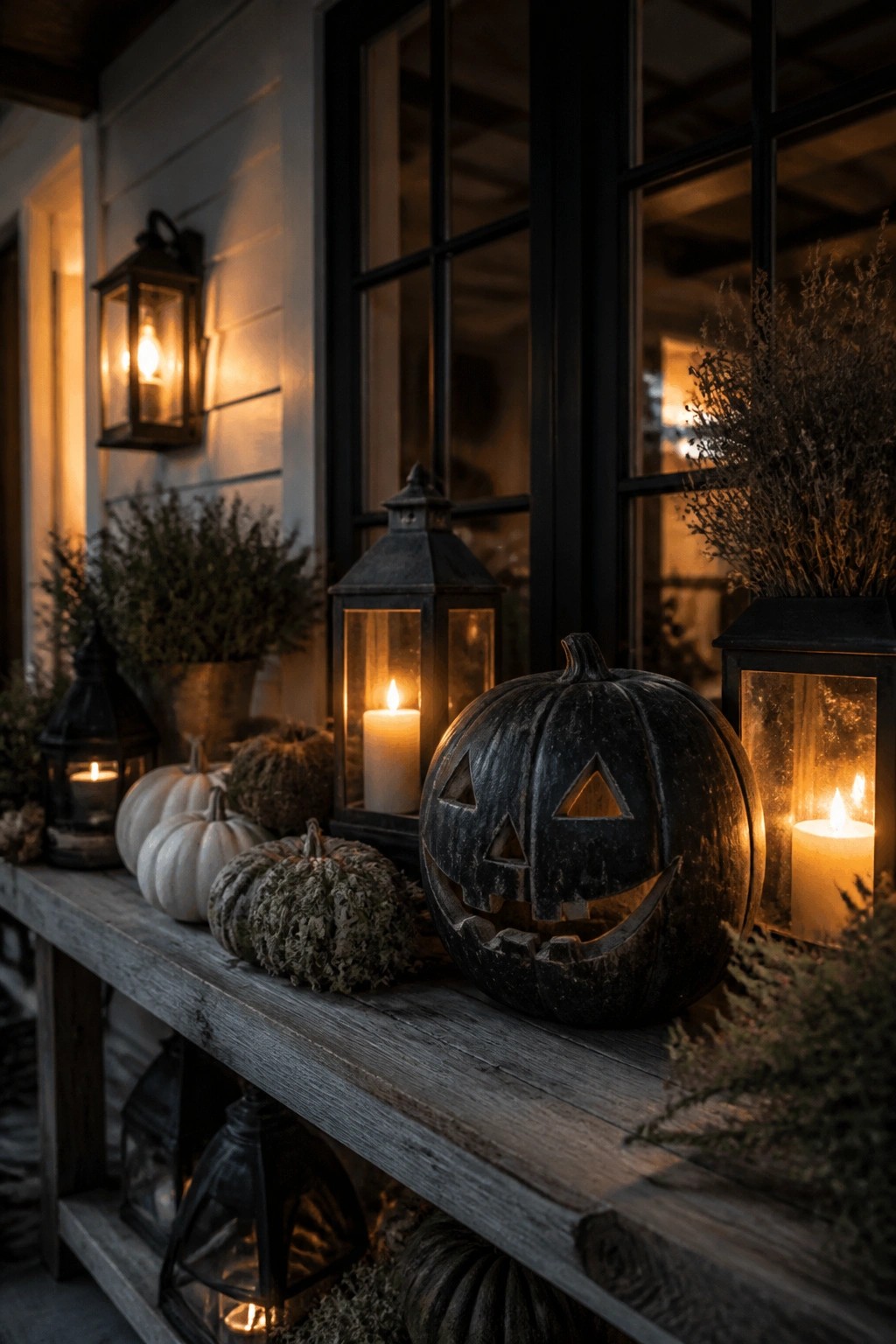 Wooden porch bench holding a large carved black jack o lantern surrounded by lit lanterns and smaller pumpkins.