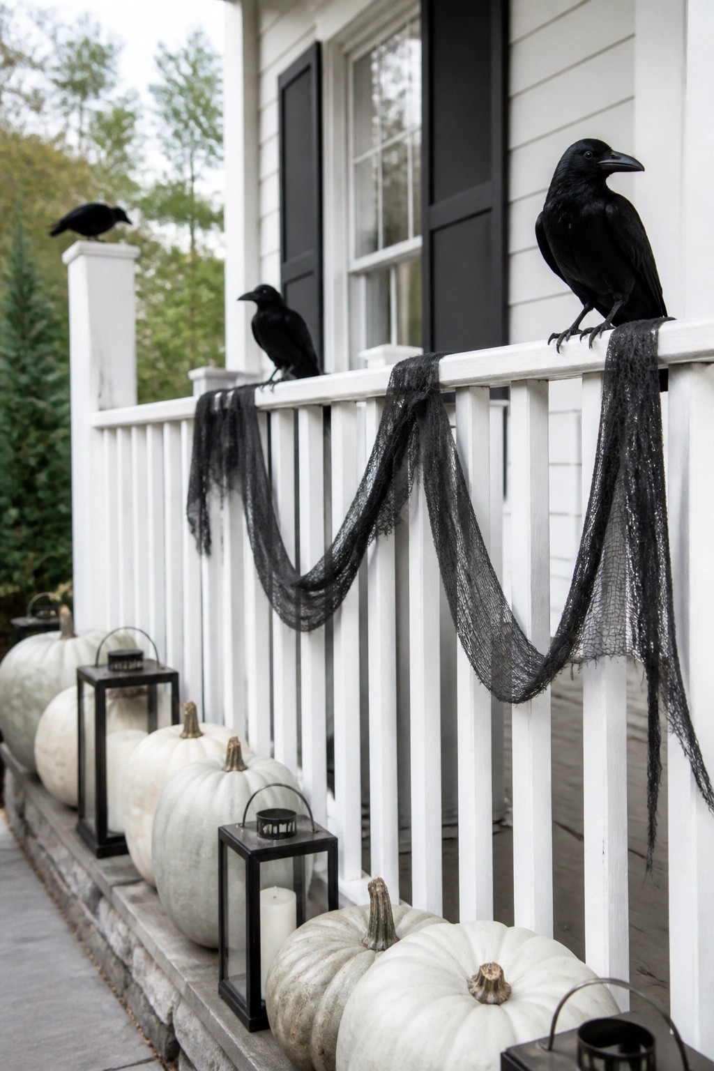 Black crows perch on white railing with draped black netting amid white pumpkins and lanterns.