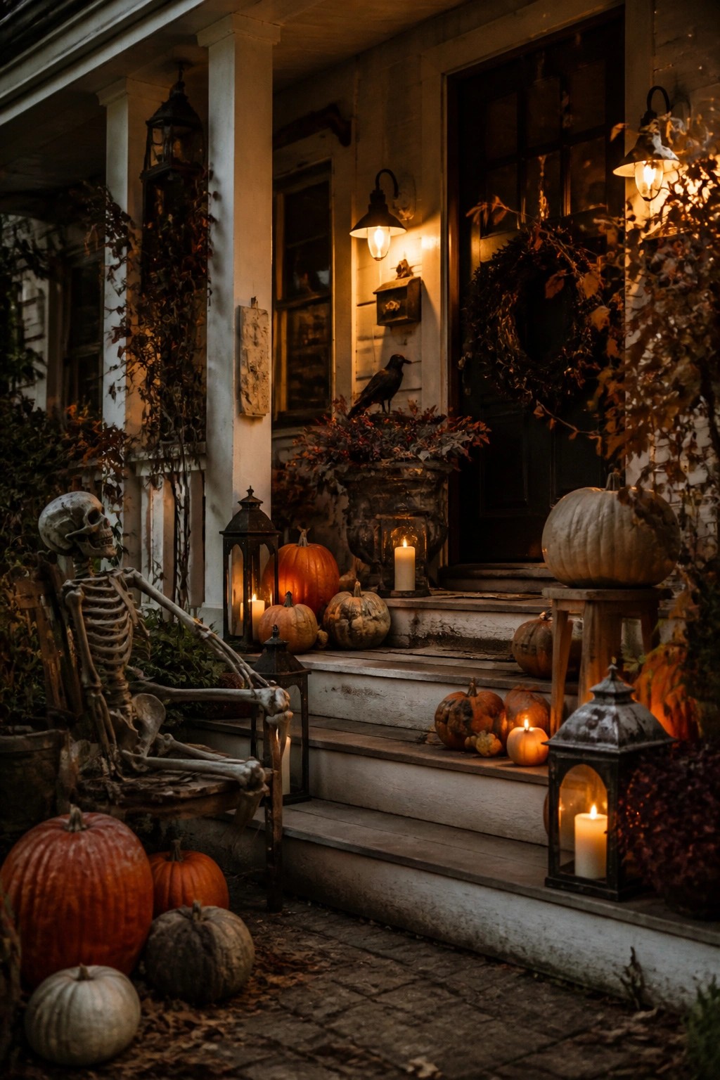 Skeleton in chair amid glowing lanterns, pumpkins, and crow on autumn porch steps