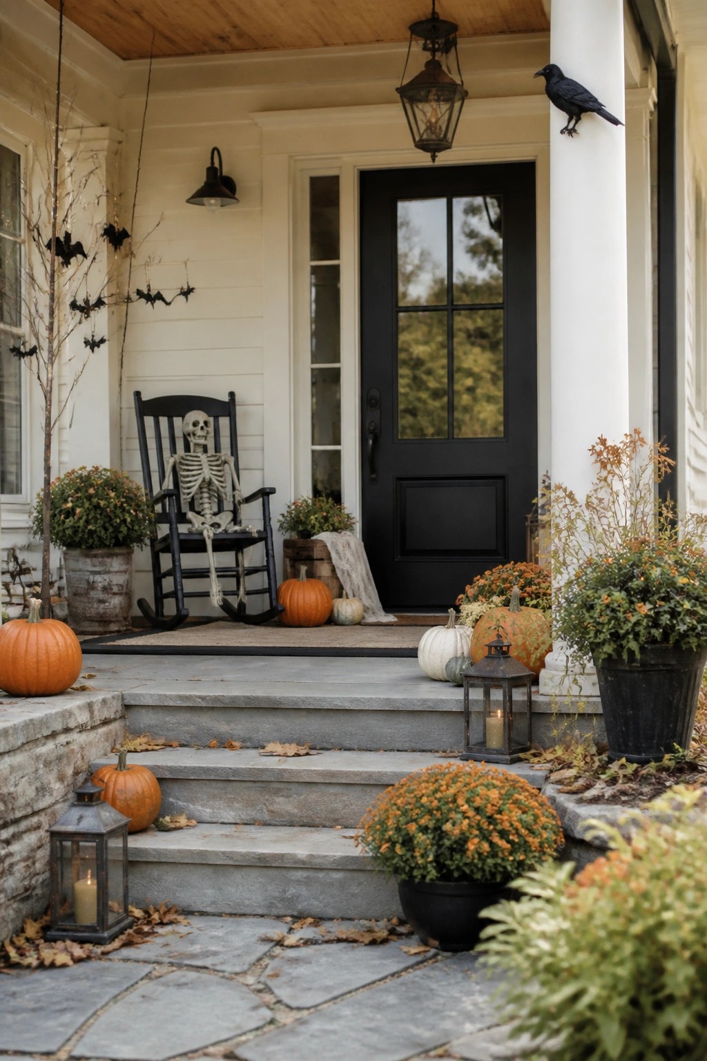 Halloween-decorated porch with skeleton in rocking chair, pumpkins, mums, lanterns, and crow