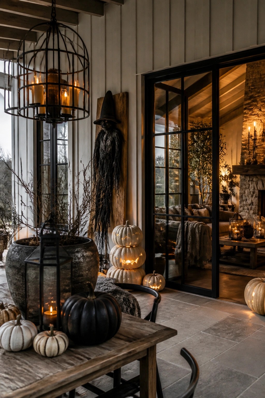 Covered porch entry with a black witch figure mounted on wood beside a stack of glowing white jack o lanterns and black lanterns.
