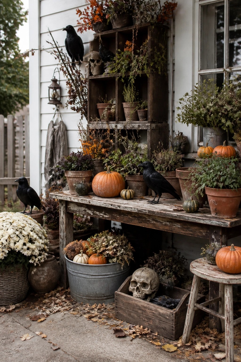 Rustic front porch table styled with black crows, skulls, orange pumpkins, and potted plants for Halloween.