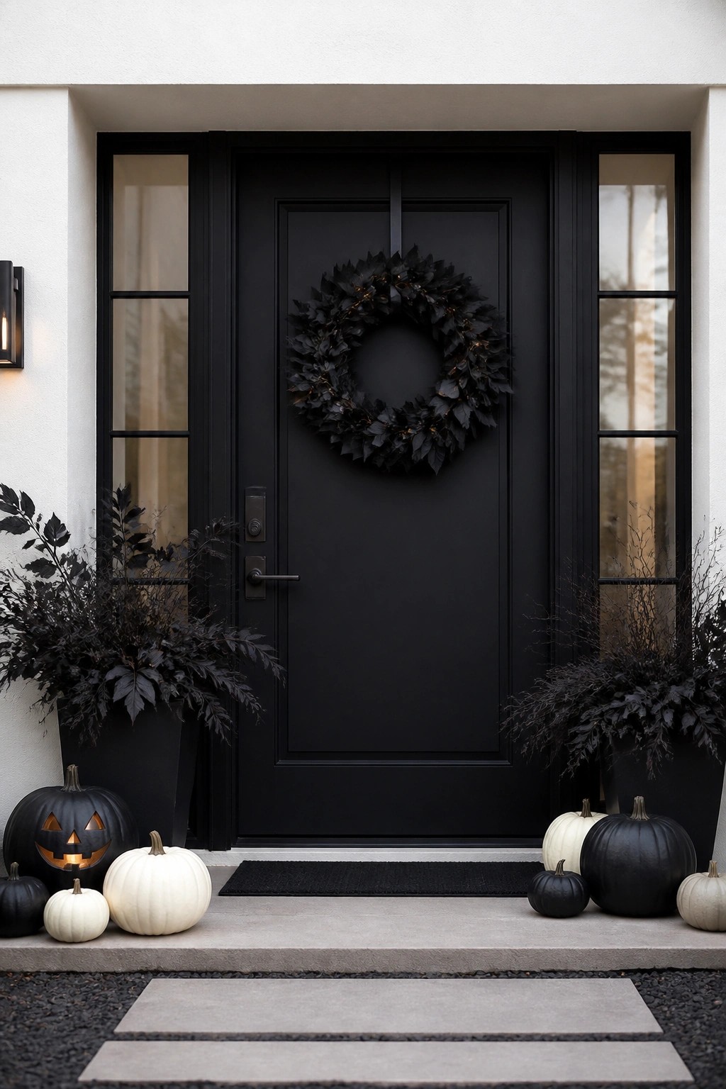 Black front door with a dark leafy wreath centered on it, flanked by black and white pumpkins in planters.