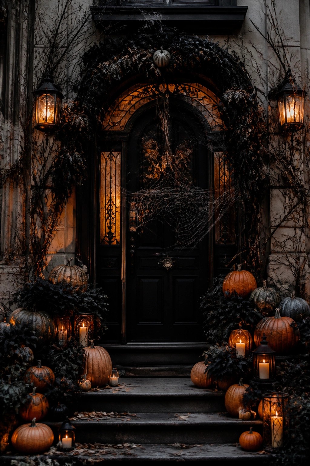 Black front door covered with spiderwebs, flanked by pumpkins and glowing lanterns on stone steps.