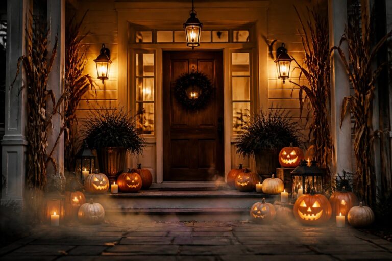 23 Spooky Outdoor Halloween Door Decorations to Welcome Guests Front door with black wreath, two skeletons flanking the entrance, and carved pumpkins arranged on the porch steps.