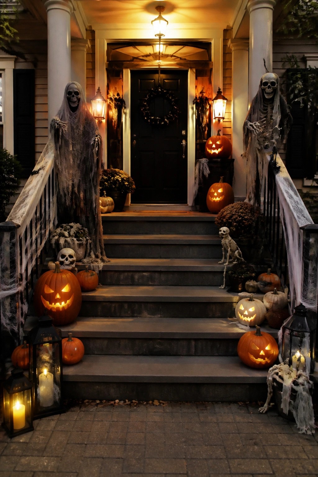 Front porch with two tall draped ghost skeletons flanking the stairs, multiple carved jack-o'-lanterns on the steps, and a small skeleton figure near the door.