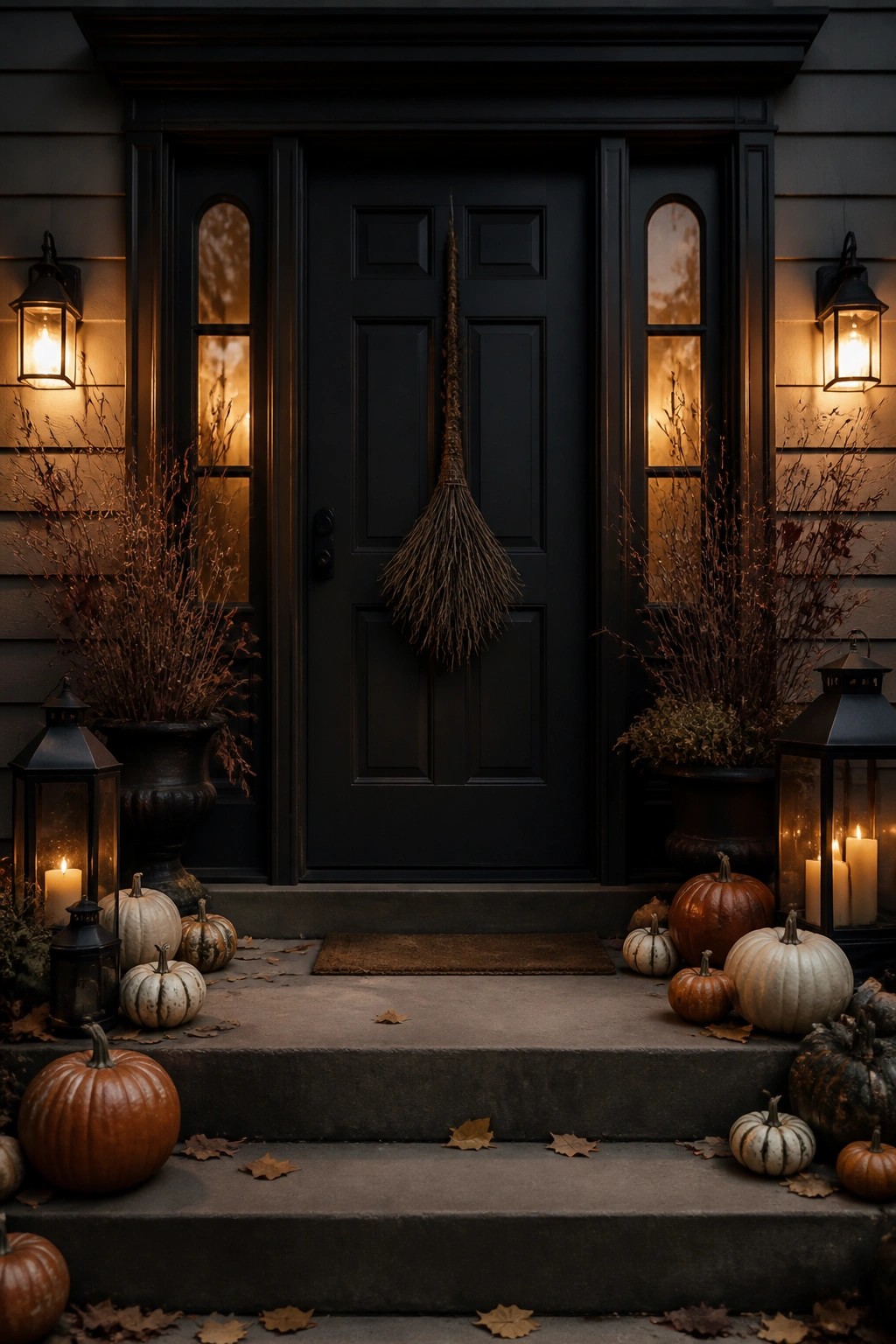 Black front door with a broom hanging in the center and pumpkins with lanterns arranged on the steps.