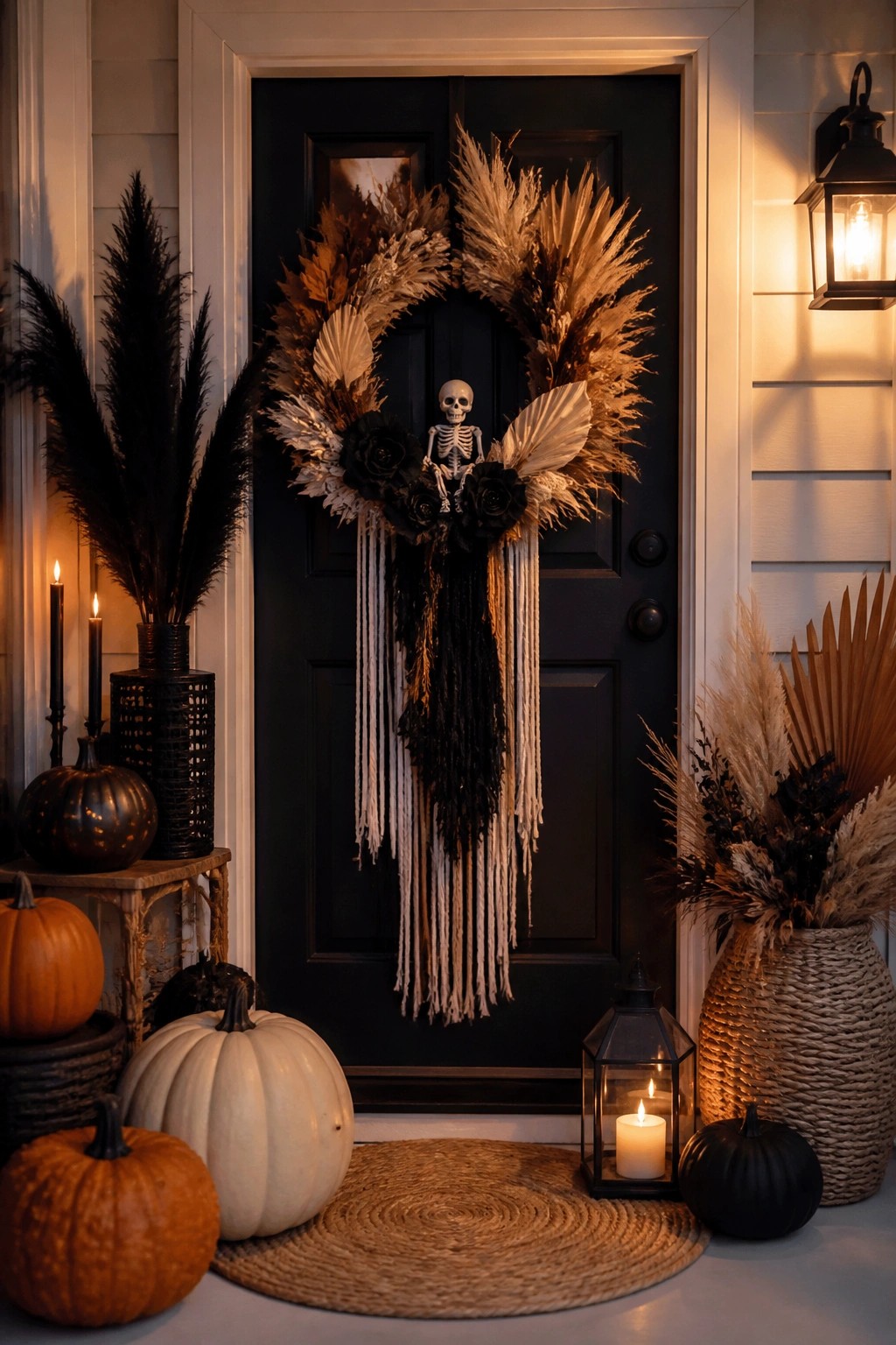Front door with a large wreath featuring a small skeleton, black flowers, and hanging macrame strands, surrounded by pumpkins and lanterns.