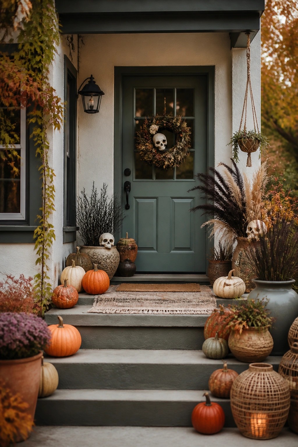 Green front door featuring a dried wreath with a central skull, flanked by pumpkins and additional skulls placed among planters on the porch steps.