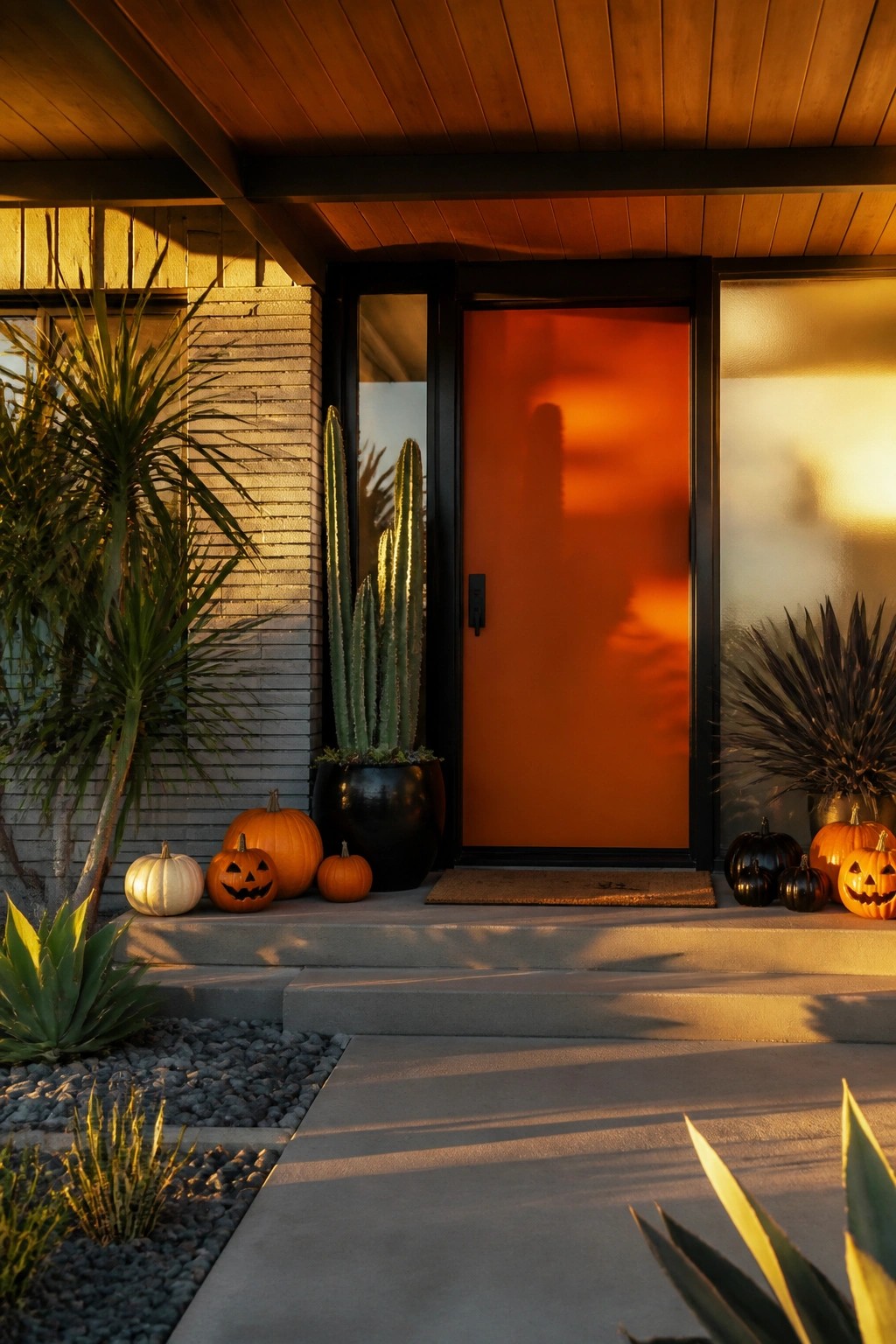 Modern porch with orange door, carved pumpkins, cacti, and warm evening light.