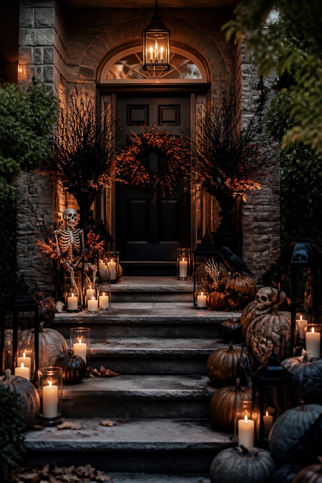Stone steps leading to a dark front door decorated with skeletons, skulls, black branches, pumpkins, and candles in lanterns.