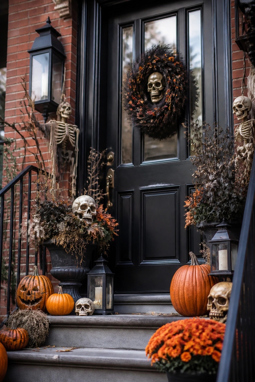 Black front door decorated with a skull wreath, two standing skeletons on either side, and skulls placed among pumpkins on the steps.