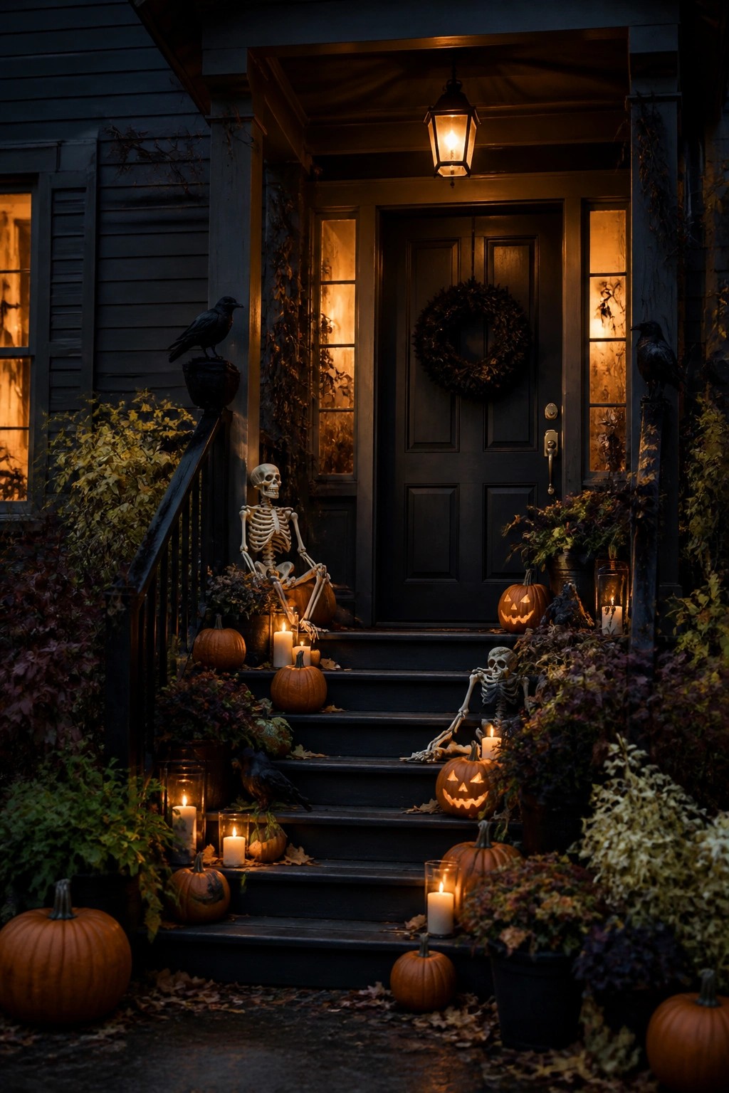 Halloween porch steps with two skeletons, carved pumpkins, lit candles, and crows